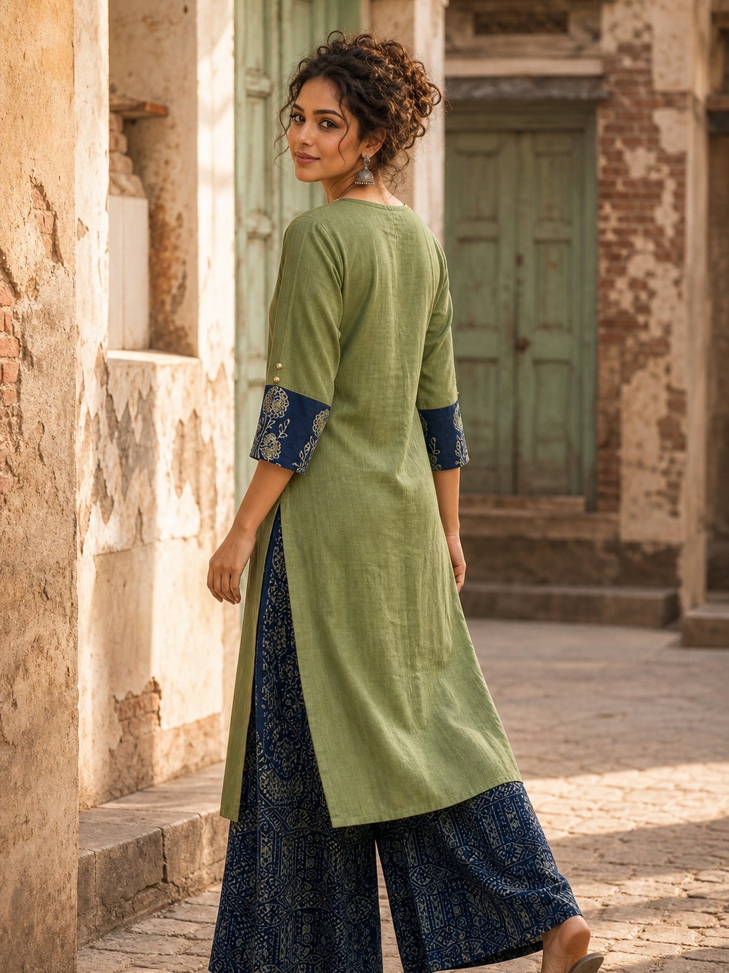 Vivid Sage Green Straight Kurta Featuring Navy Embroidery & Ajrakh Printed Cuff Band