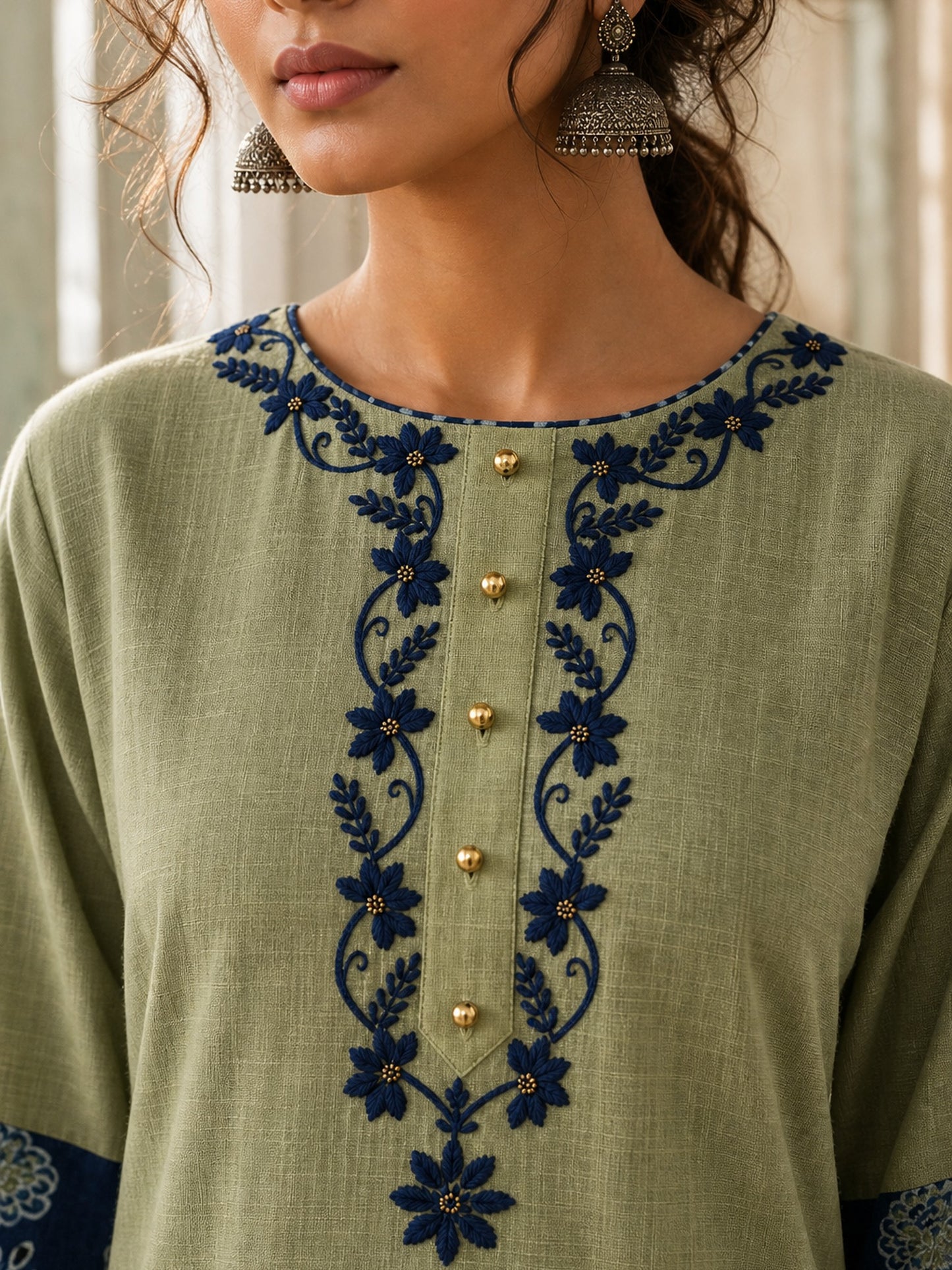 Vivid Sage Green Straight Kurta Featuring Navy Embroidery & Ajrakh Printed Cuff Band