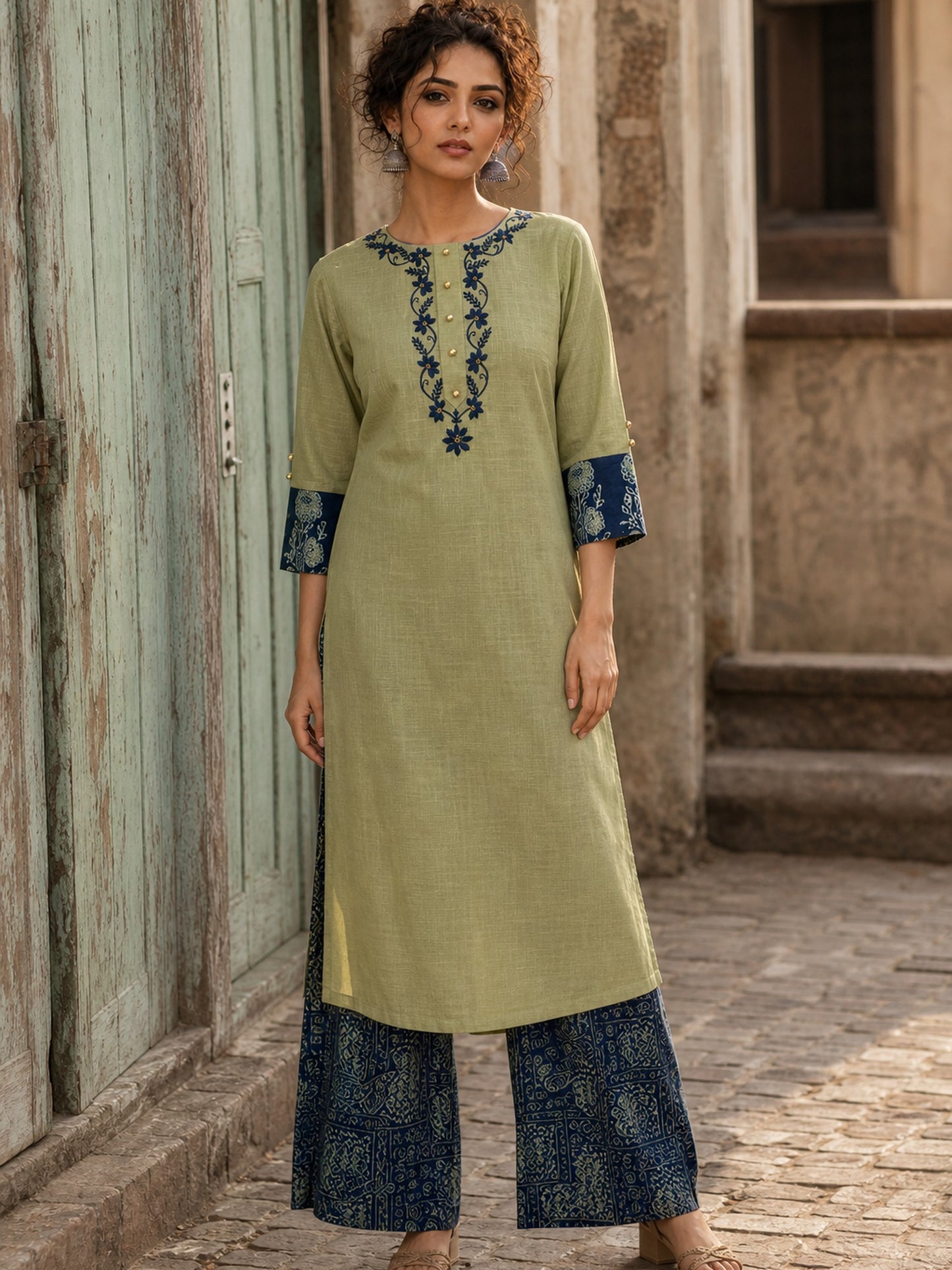Vivid Sage Green Straight Kurta Featuring Navy Embroidery & Ajrakh Printed Cuff Band