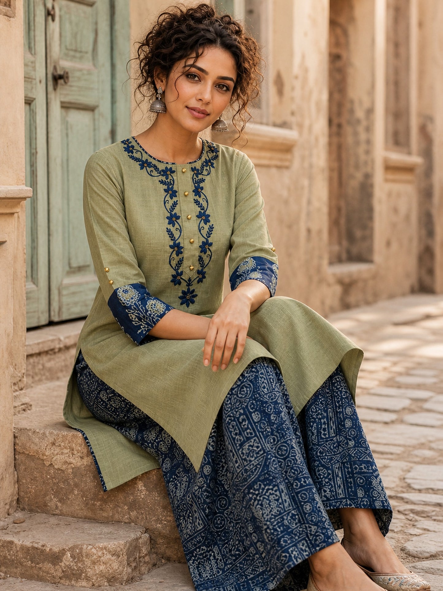 Vivid Sage Green Straight Kurta Featuring Navy Embroidery & Ajrakh Printed Cuff Band