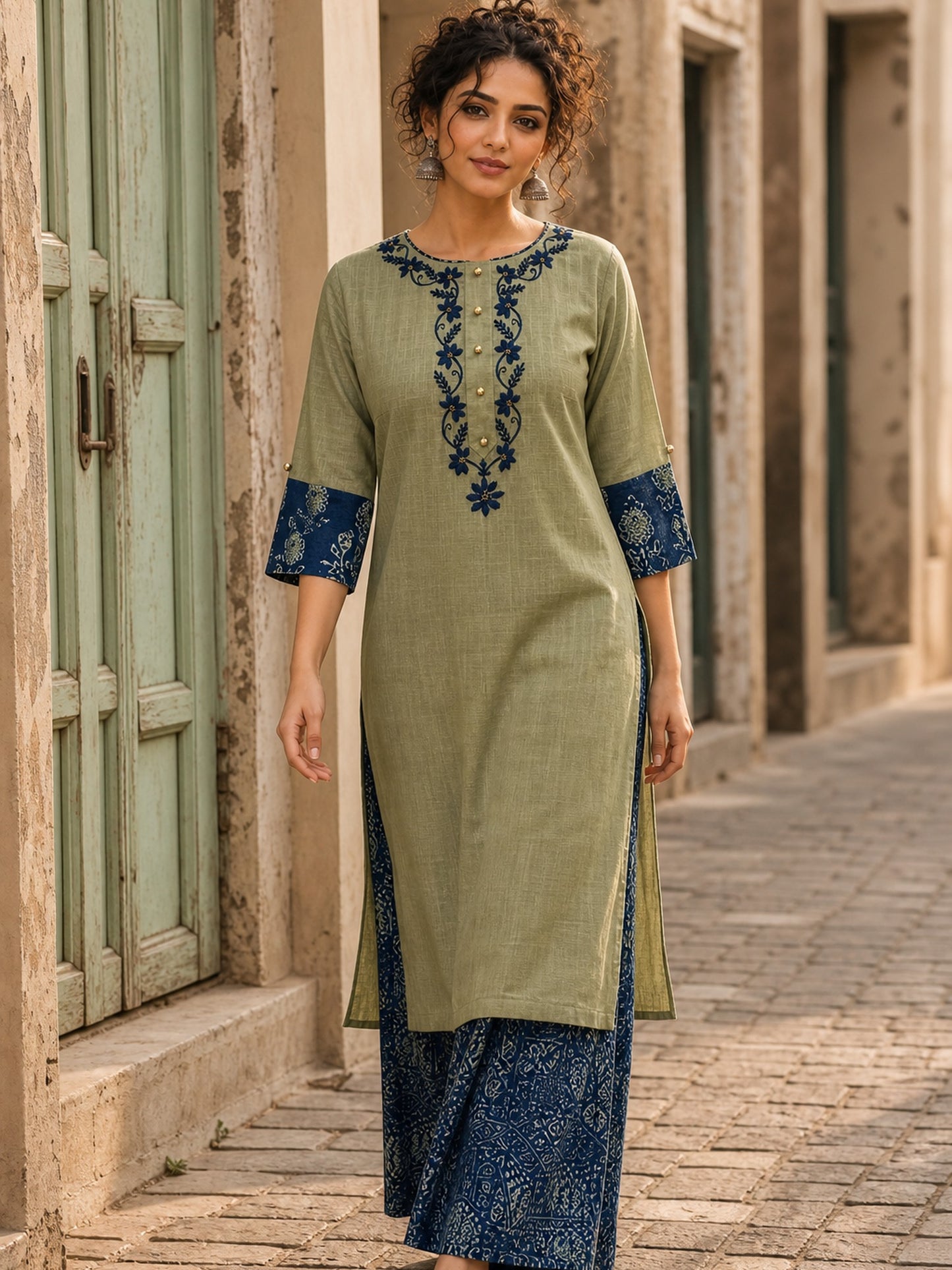 Vivid Sage Green Straight Kurta Featuring Navy Embroidery & Ajrakh Printed Cuff Band
