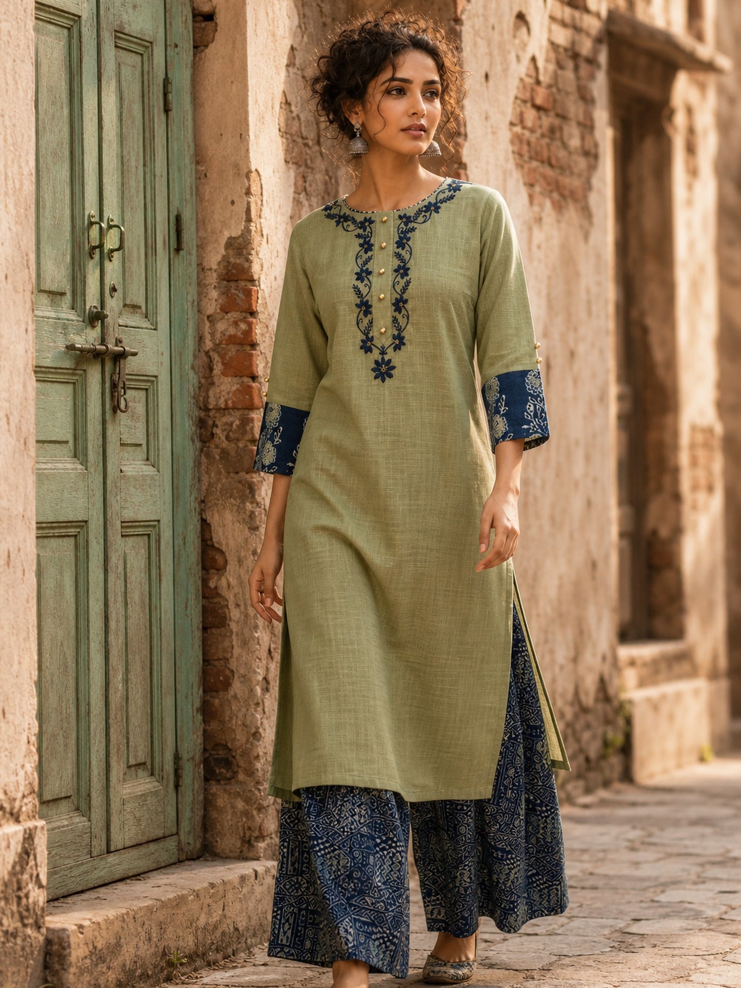 Vivid Sage Green Straight Kurta Featuring Navy Embroidery & Ajrakh Printed Cuff Band