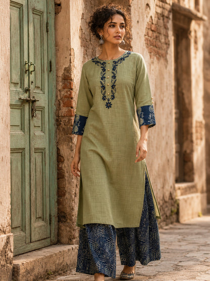 Vivid Sage Green Straight Kurta Featuring Navy Embroidery & Ajrakh Printed Cuff Band