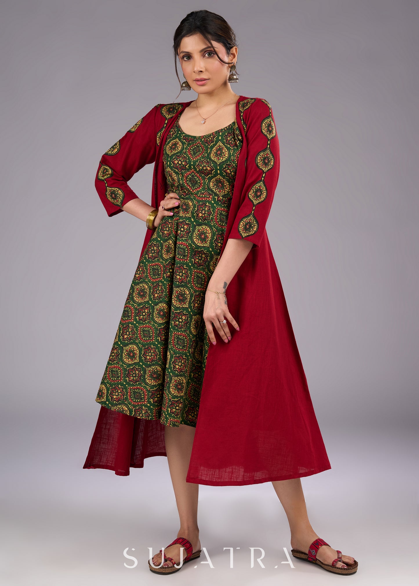 Handcrafted Maroon Cotton Jacket with Exquisite Ajrakh Applique Work - Dress optional