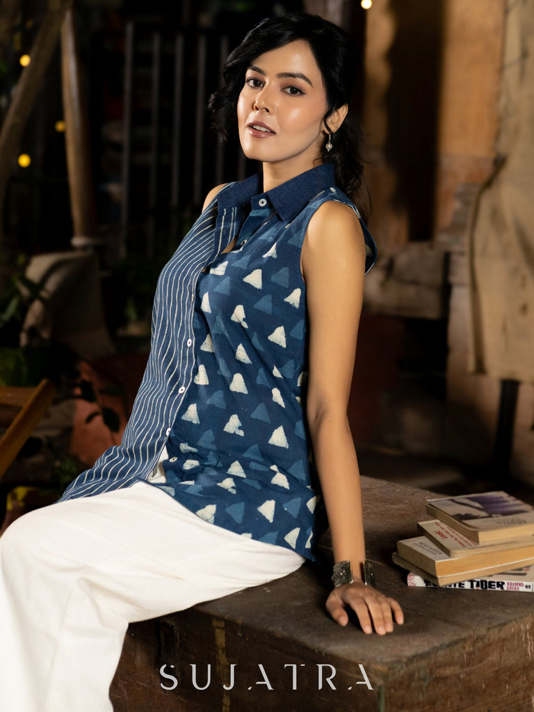 Indigo Sleeveless Shirt with Geometric Patterns