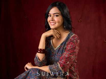 Rustic Harmony Blue–Maroon Combination Ajrakh Cotton Kurta with Delicate Embroidery