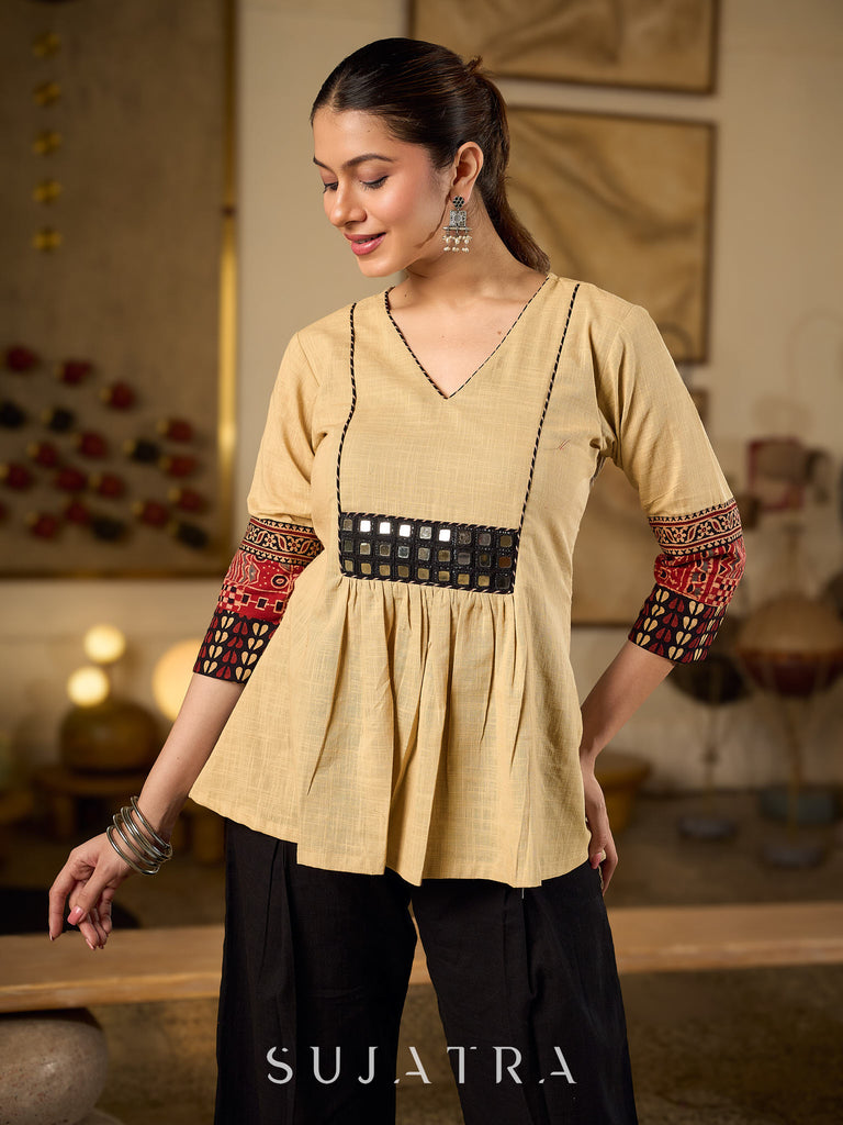 Chic Beige Cotton Top Enhanced With Ajrakh Print Sleeves & Embellished Kutch Mirror Work Yoke