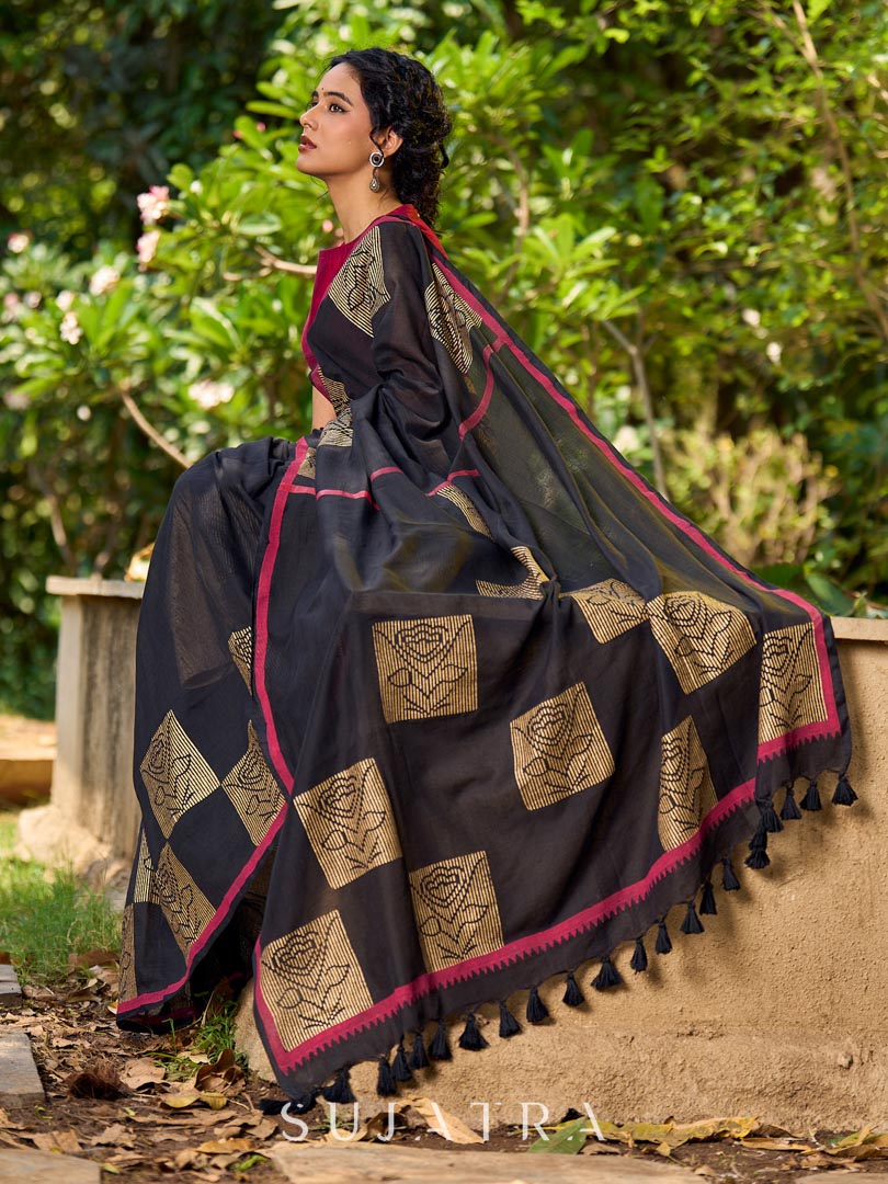 Timeless Black Cotton Saree with Classic Hand Block Print and Contrasting Border Detailing