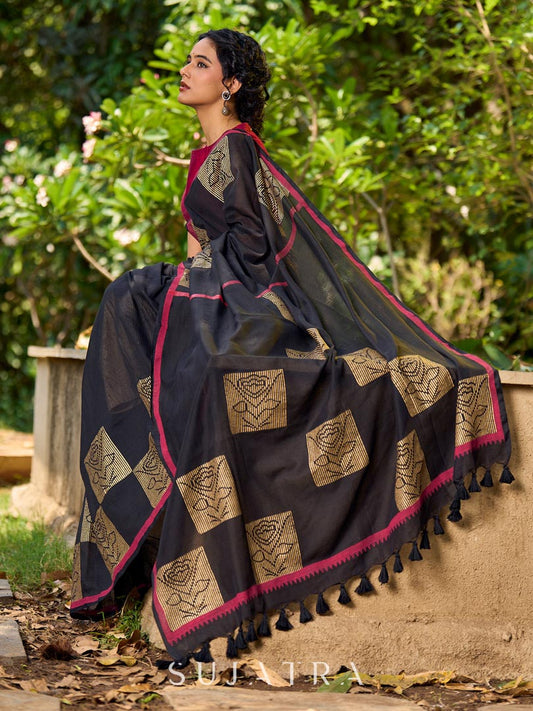 Timeless Black Cotton Saree with Classic Hand Block Print and Contrasting Border Detailing