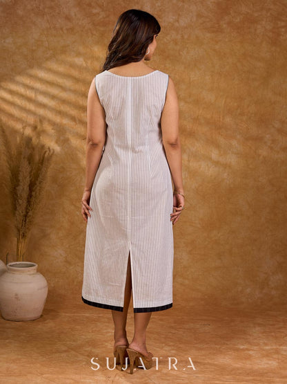 Sleek White Cotton Sleeveless Formal Dress with Classic Stripe Pattern