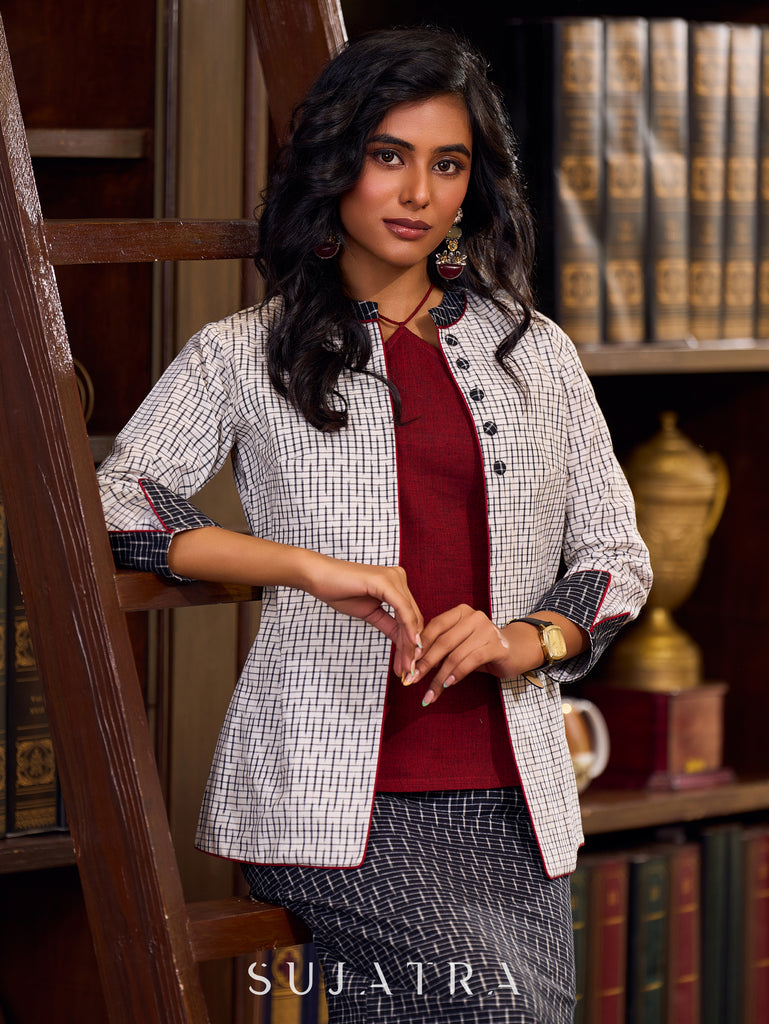 Timeless White Woven Ikat Cotton Jacket With Black Ikat Collar, Cuffs, And Maroon Highlights