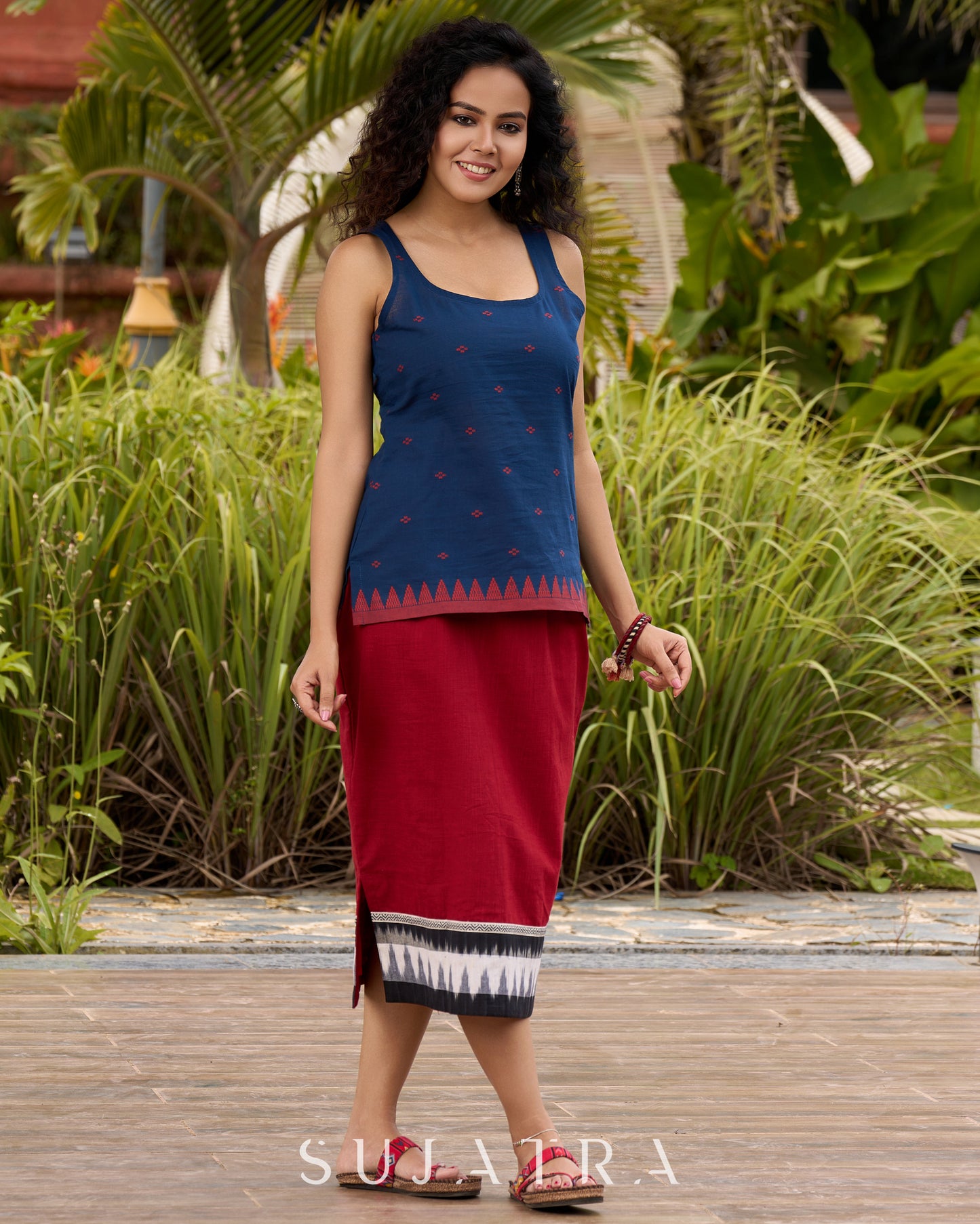 Ikat & Jamdani design Fusion Maroon Top & Skirt -  Ikat Accent Shrug Additional