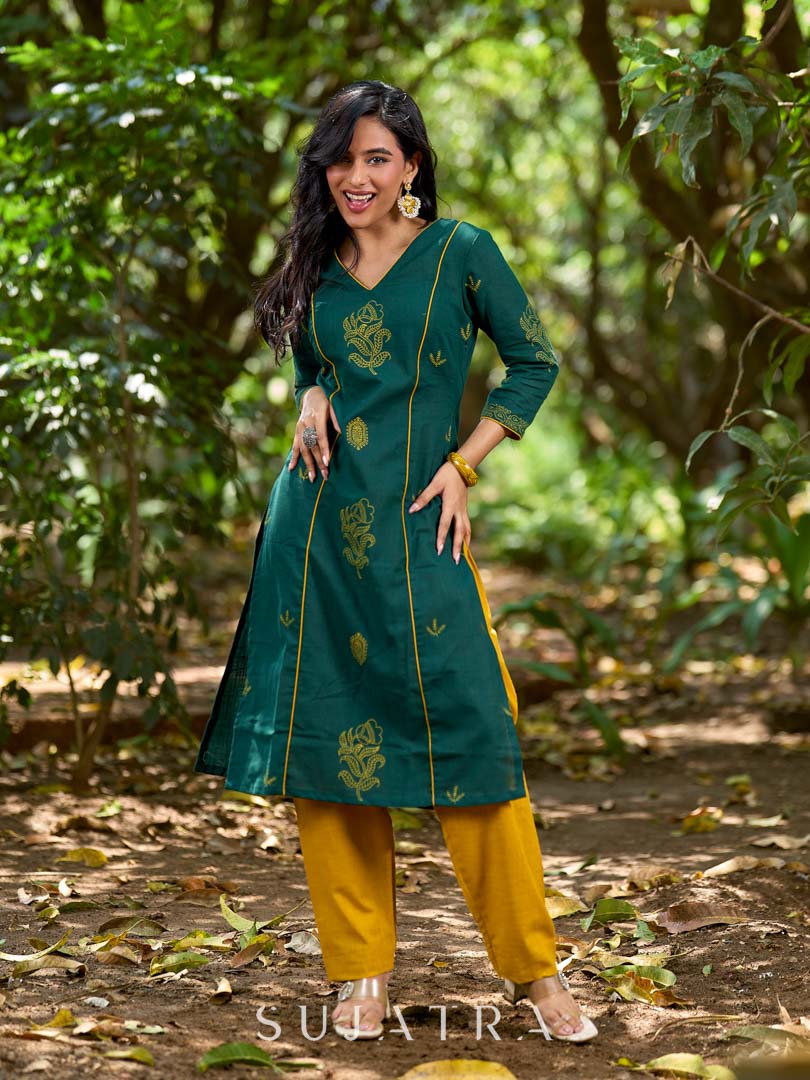 Elevated Bottle Green Cotton Kurta with Delicate Floral Hand Block Motif and Mustard Accents