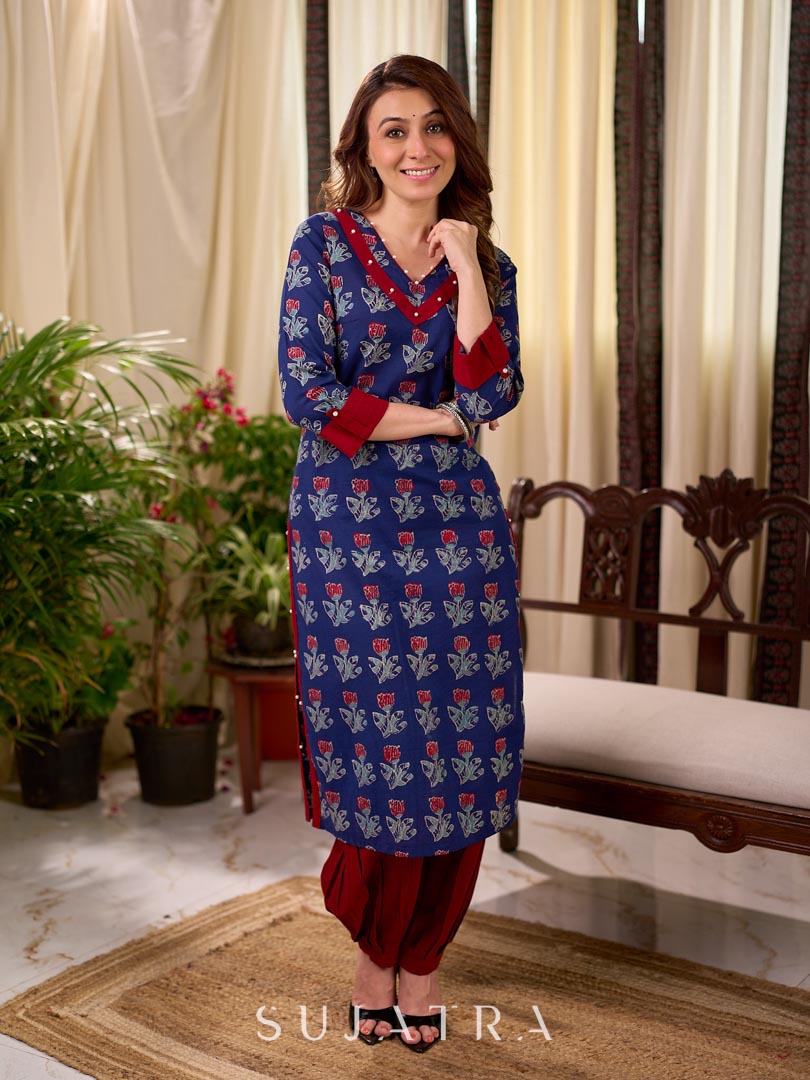 Elegant Navy Blue Tulip Buti Print Cotton Kurta with Pearl Embellished Neckline