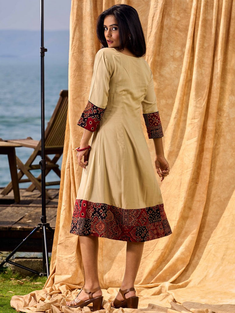 Sand Beige Tie-Up Wrap Rayon Dress With Ajrakh Patchwork Accents