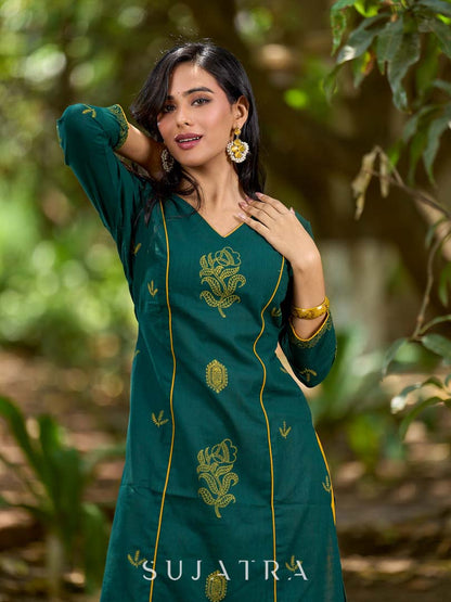 Elevated Bottle Green Cotton Kurta with Delicate Floral Hand Block Motif and Mustard Accents