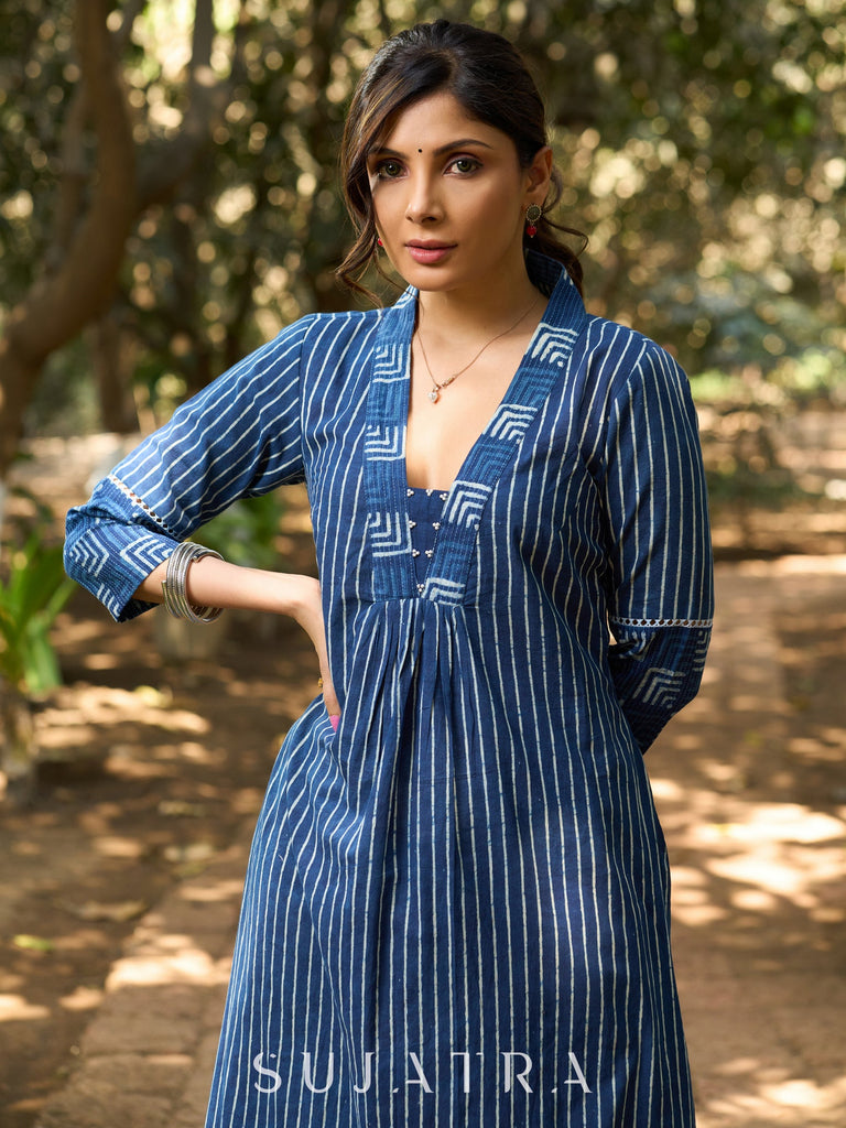 Indigo Stripe Handblock Cotton Kurta with Geometric Patchwork, V Neckline & Joint Lace Detailing