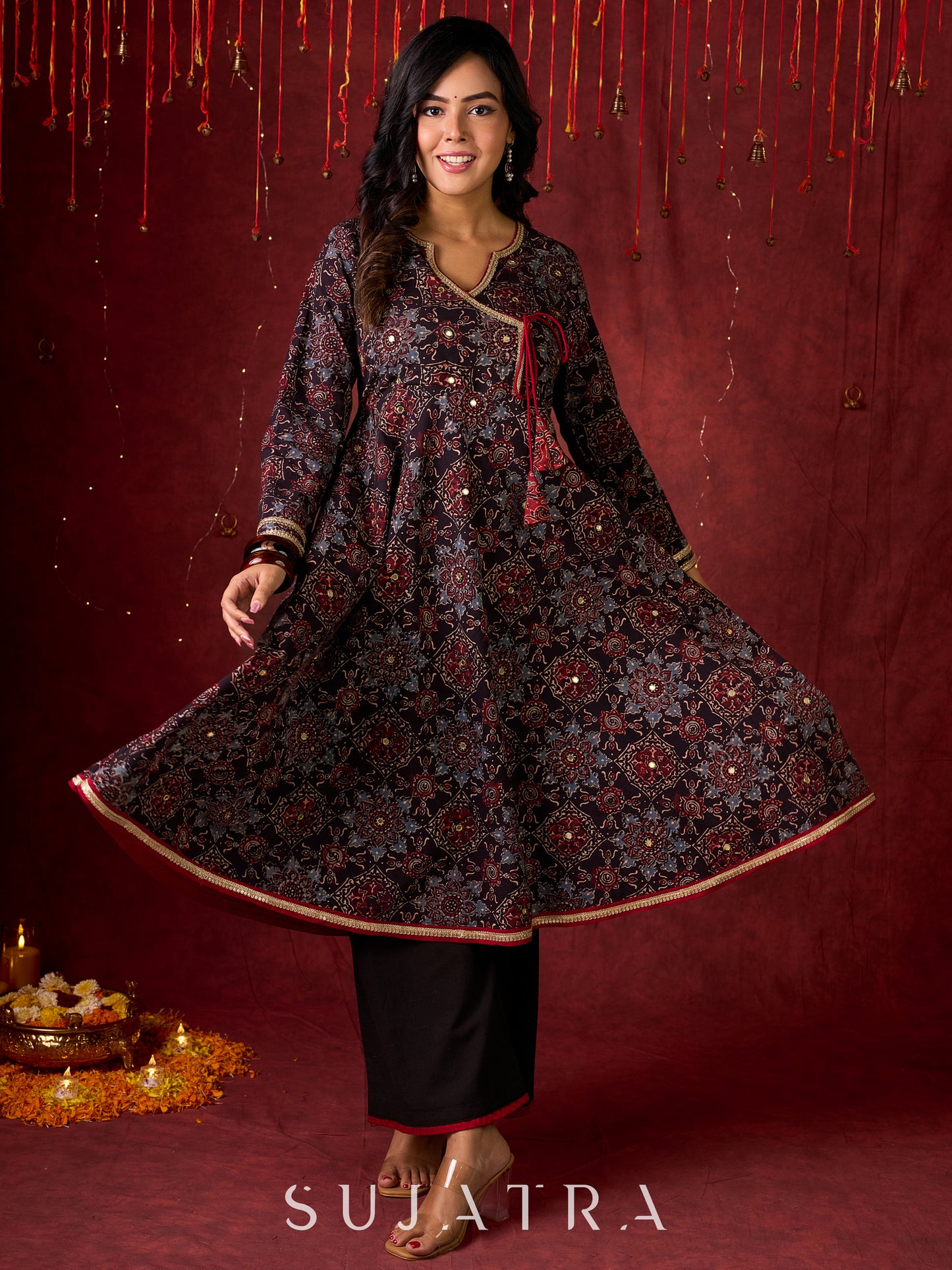Timeless Black Ajrakh Flared Anarkali with Subtle Artisanal Hand Embroidered Touch