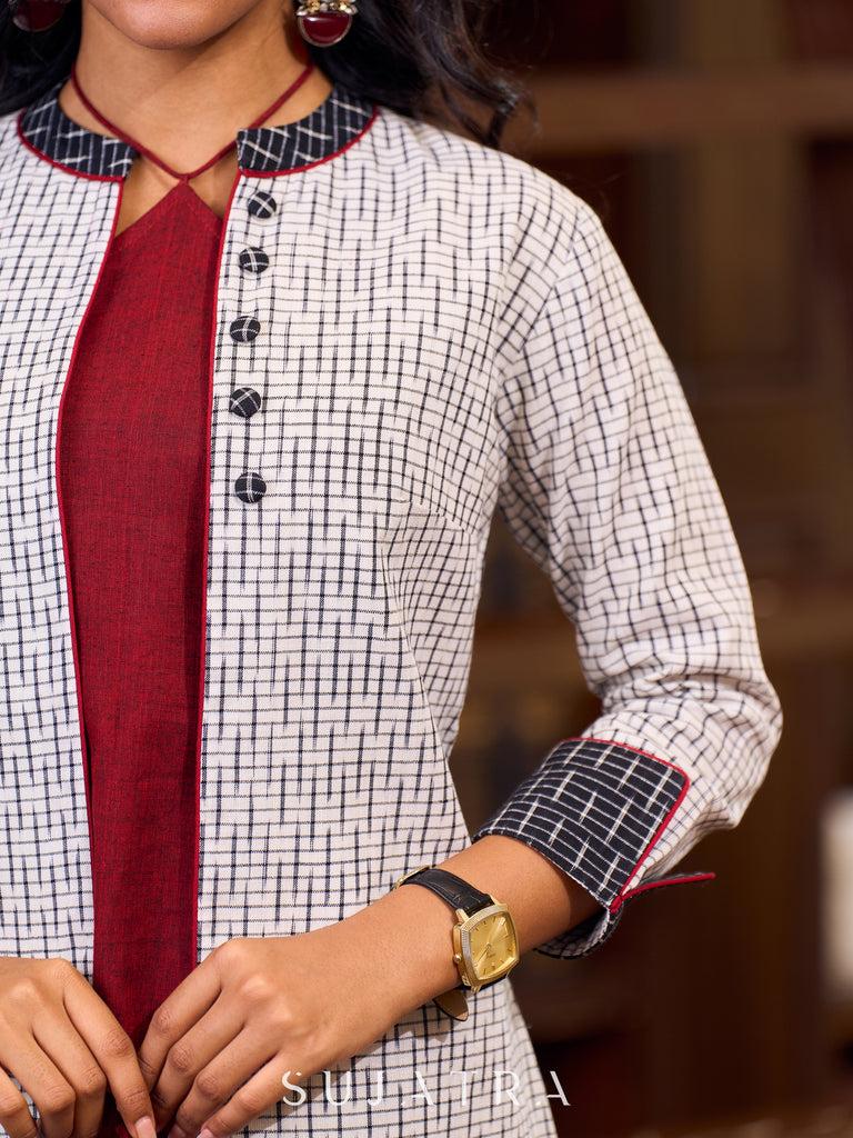 Timeless White Woven Ikat Cotton Jacket With Black Ikat Collar, Cuffs, And Maroon Highlights