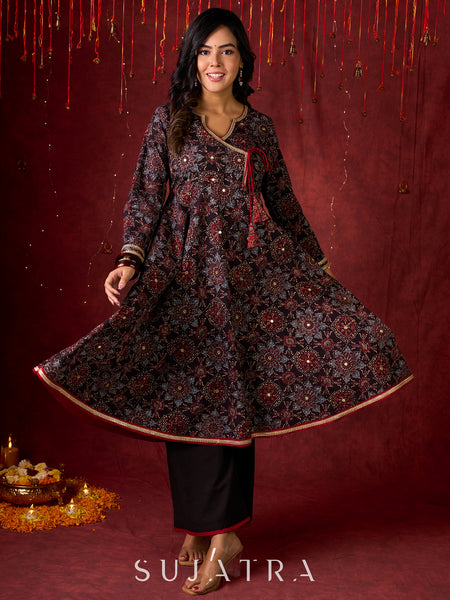 Timeless Black Ajrakh Flared Anarkali with Subtle Artisanal Hand Embroidered Touch