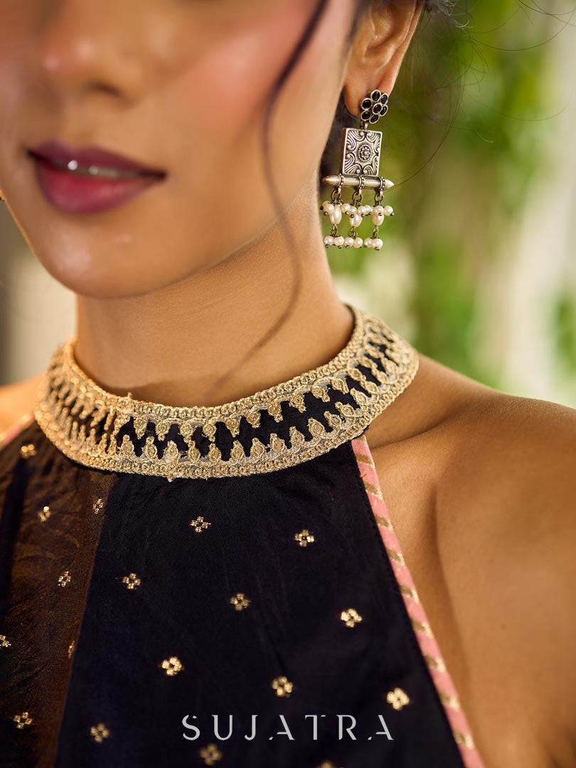 Chic Black Chanderi HalterNeck Blouse