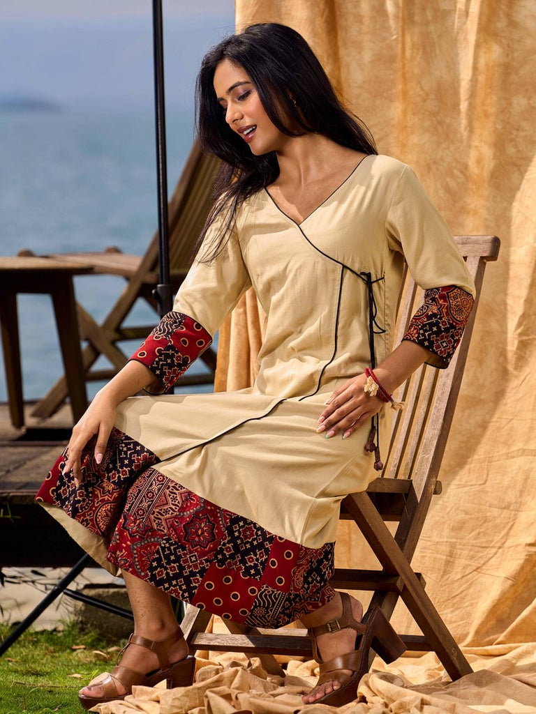 Sand Beige Tie-Up Wrap Rayon Dress With Ajrakh Patchwork Accents