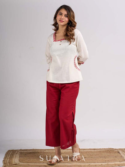 Ivory Cotton Straight Top with Madhubani Hand Painted Sleeves and Pockets