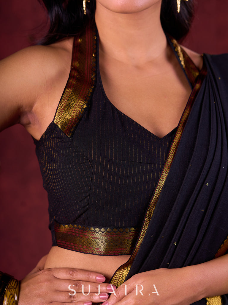Black Heritage Handloom Blouse with Golden Self Stripes & Zari-Embellished Border
