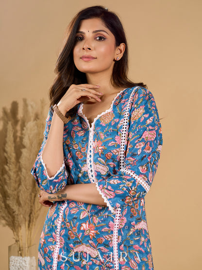 Blue Blossom Mul Cotton Printed Kurta with Delicate Lace Accents