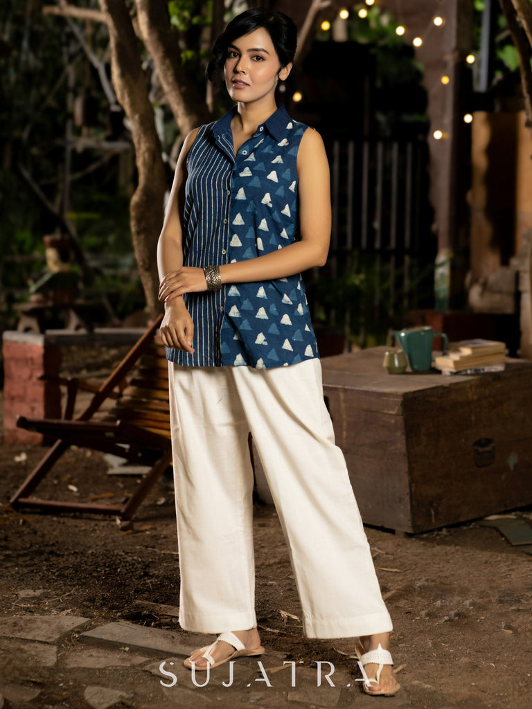 Indigo Sleeveless Shirt with Geometric Patterns