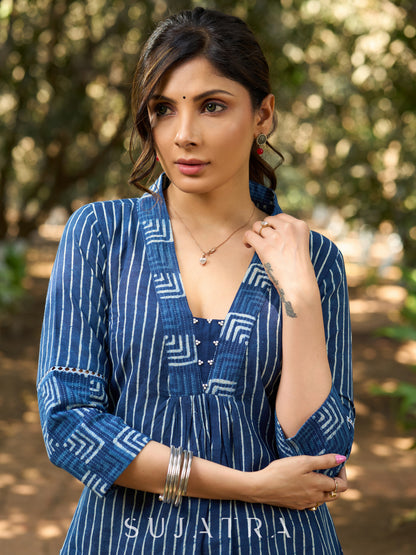 Dussehra Sale — Indigo Stripe Handblock Cotton Kurta with Geometric Patchwork, V Neckline & Joint Lace Detailing