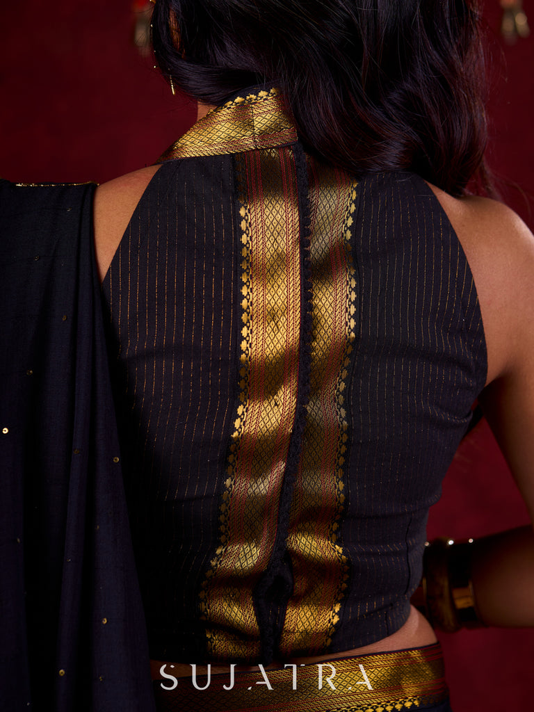 Black Heritage Handloom Blouse with Golden Self Stripes & Zari-Embellished Border