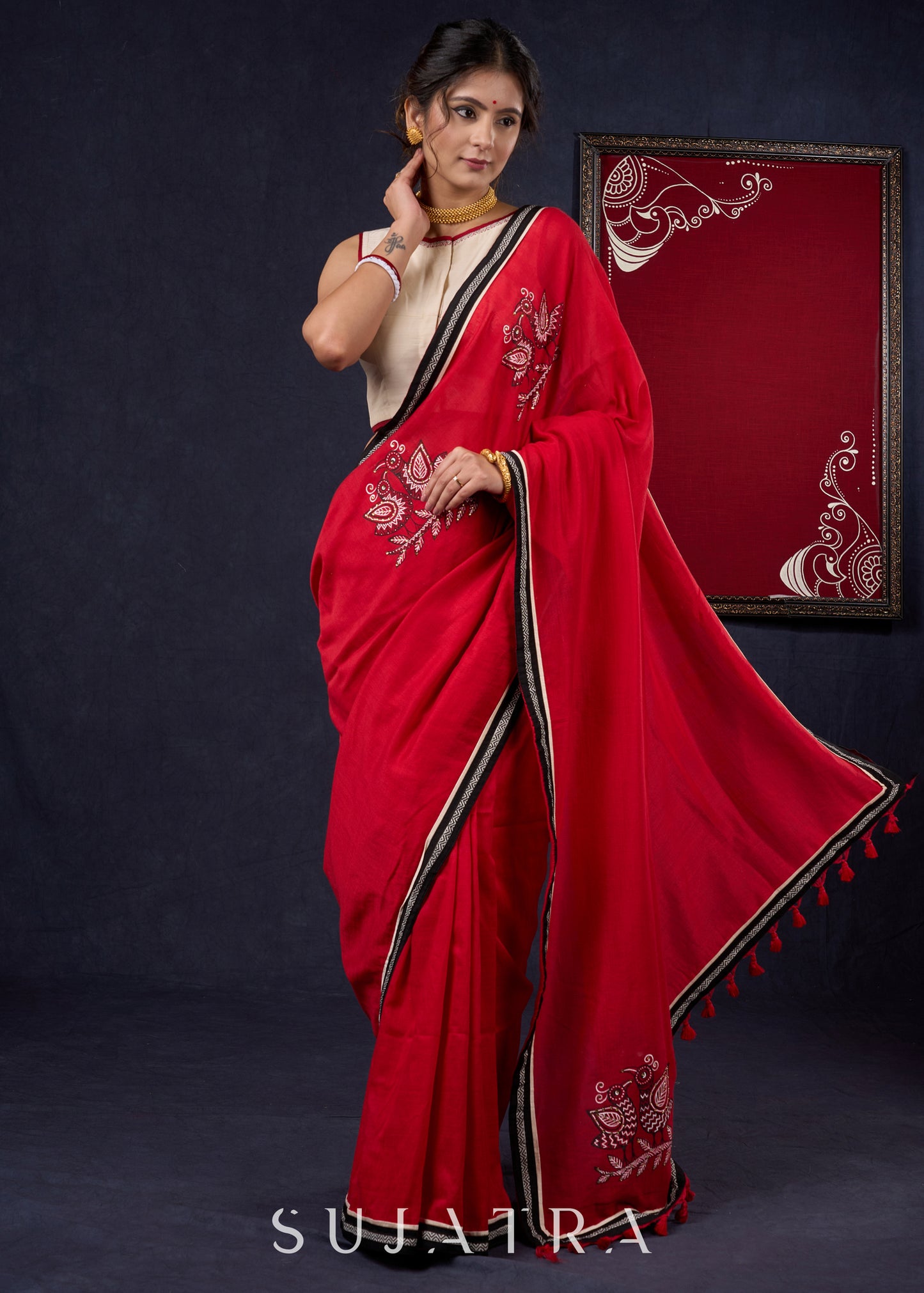 Red Bengal Cotton Saree with Intricate Hand-painted saree with stone embellishments
