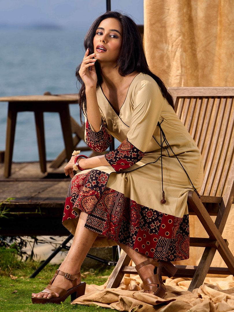 Sand Beige Tie-Up Wrap Rayon Dress With Ajrakh Patchwork Accents