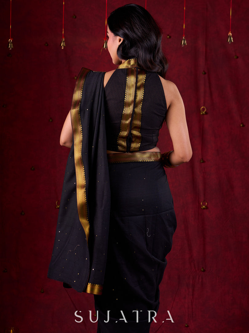 Black Heritage Handloom Blouse with Golden Self Stripes & Zari-Embellished Border