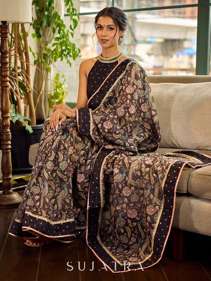Mystic Black Kalamkari Print Chanderi Saree with Dotted Border & Pink Hem
