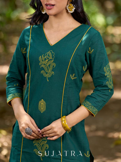 Elevated Bottle Green Cotton Kurta with Delicate Floral Hand Block Motif and Mustard Accents