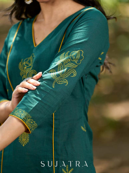 Elevated Bottle Green Cotton Kurta with Delicate Floral Hand Block Motif and Mustard Accents