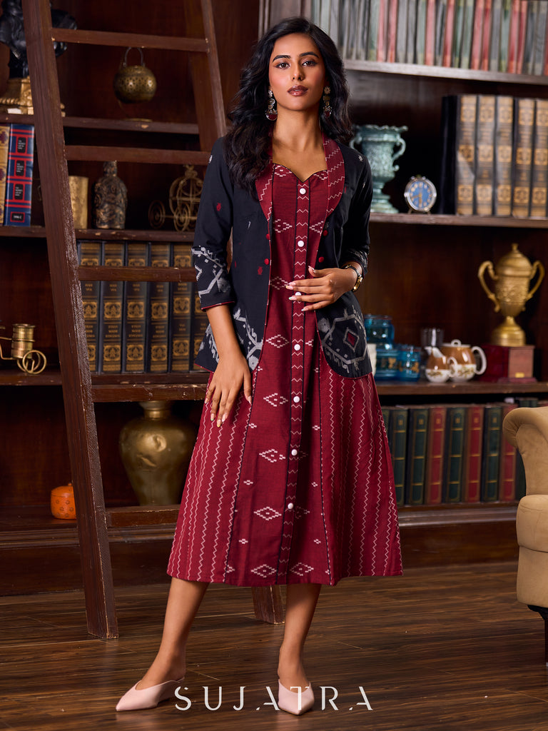 Classic Black Jamdani Weave Cotton Jacket Enhanced with a Rich Maroon Jamdani Collar