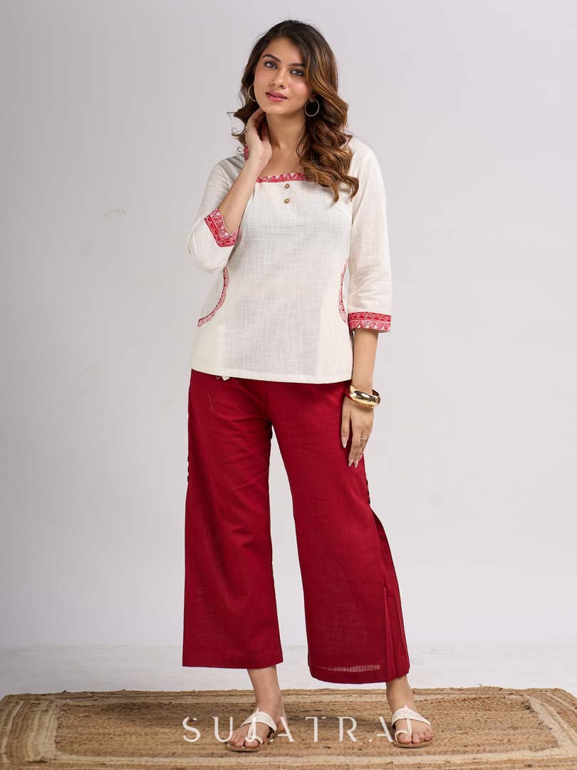 Ivory Cotton Straight Top with Madhubani Hand Painted Sleeves and Pockets