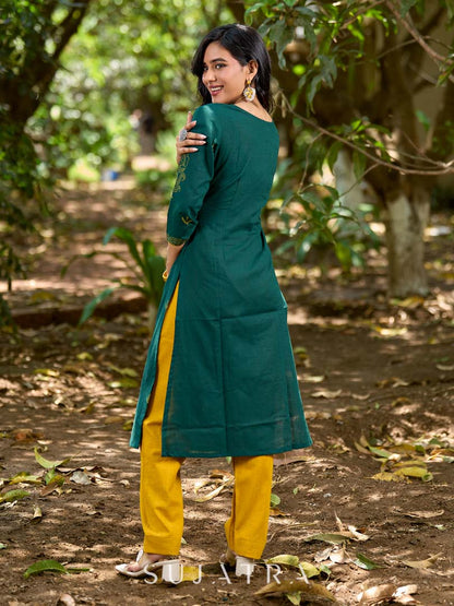 Elevated Bottle Green Cotton Kurta with Delicate Floral Hand Block Motif and Mustard Accents