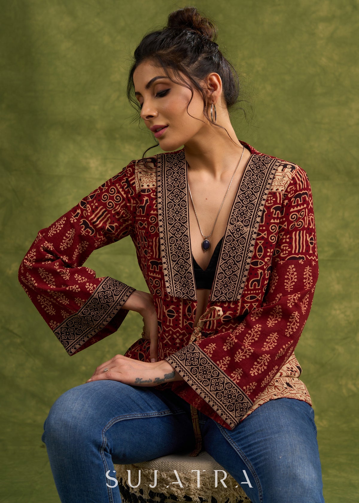 Dussehra Sale — Bohemian Masterpiece : Maroon Ajrakh Patchwork Jacket With Dramatic Bell Sleeves