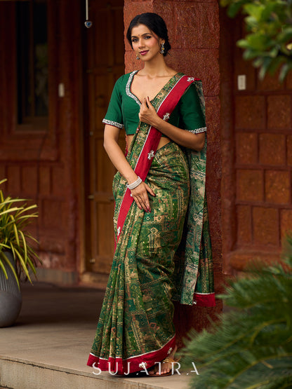 Sophisticated Dark Green Viscose Printed Saree with Diamond-Studded Border & Pallu