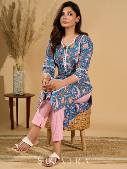 Blue Blossom Mul Cotton Printed Kurta with Delicate Lace Accents