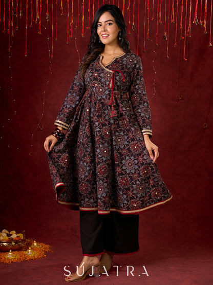 Timeless Black Ajrakh Flared Anarkali with Subtle Artisanal Hand Embroidered Touch