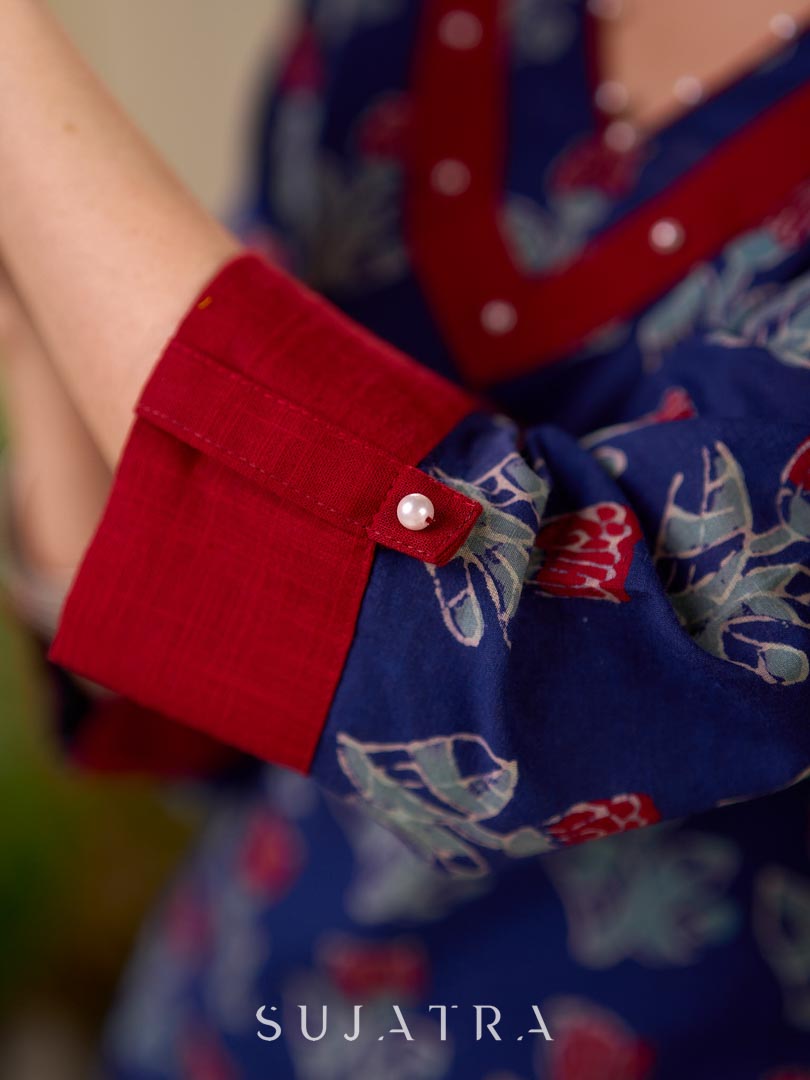Elegant Navy Blue Tulip Buti Print Cotton Kurta with Pearl Embellished Neckline