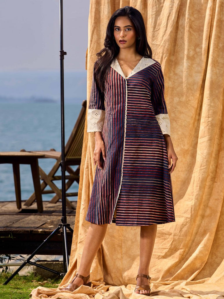 Indigo And Maroon Striped Cotton Dress With Contrast Lace & Hakoba Accents