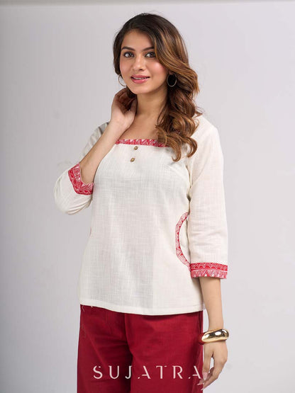 Ivory Cotton Straight Top with Madhubani Hand Painted Sleeves and Pockets