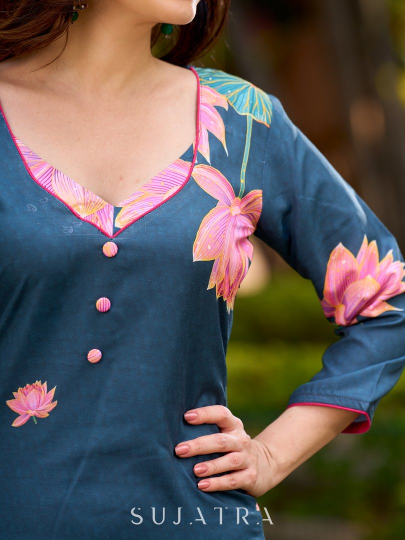 Dussehra Sale — Graceful teal kurta with delicate pink lotus printing, subtle pink accents, and a statement patch above the neckline. - Pant Optional