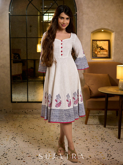 Blooming White Flared Cotton Dress with Placement Block Print Florals & Indigo Geometric Hem & Cuff Band